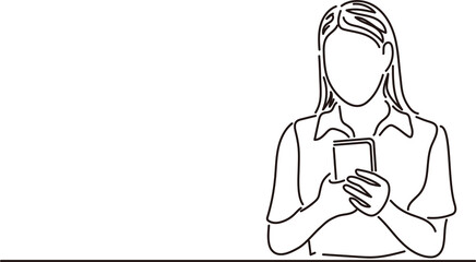 スマートフォンを手に持つ女性　人物　線画　手描き　シンプル　イラスト