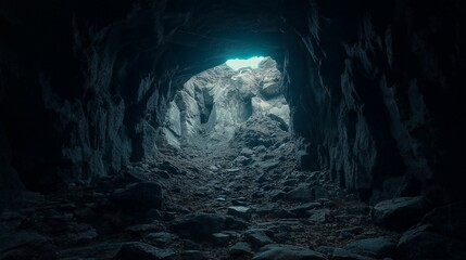 A dark cave with jagged rocks and stalactites, illuminated by natural light filtering through the entrance at the top.