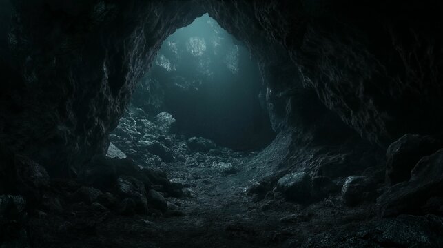 A dark cave with jagged rocks and stalactites, illuminated by natural light filtering through the entrance at the top.