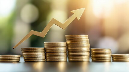 A stack of gold coins with an upward arrow symbolizing financial growth, investment success, and economic progress.