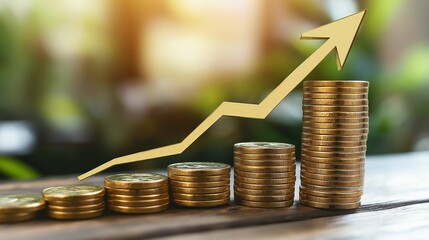 A stack of gold coins with an upward arrow symbolizing financial growth, investment success, and economic progress.