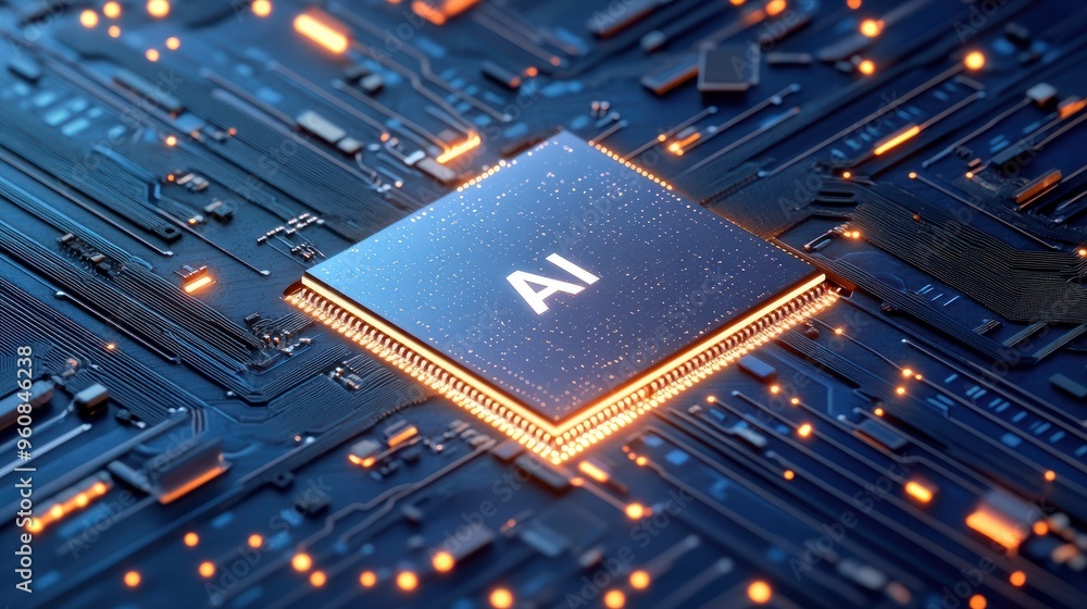Poster powerful computer processor microchip with the word representing artificial intelligence, ai technol