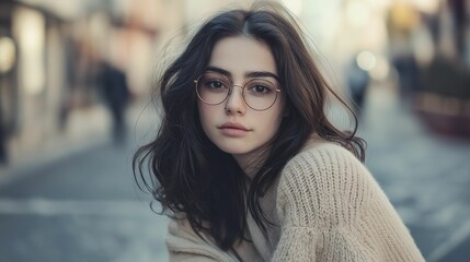 Obraz premium A young woman wearing round glasses and a cozy beige sweater gazes softly, set against an urban blurred street backdrop.