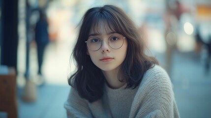 Fototapeta premium A young woman wearing round glasses and a cozy beige sweater gazes softly, set against an urban blurred street backdrop.
