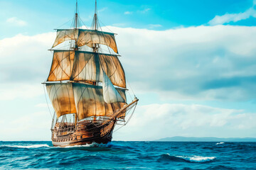 A classic wooden sailing ship with billowing sails on the open sea