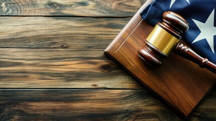 Gavel and US flag on wooden table representing law justice