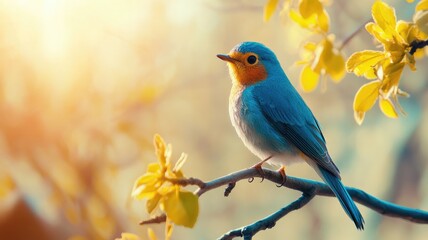 Obraz premium Small bird with blue feathers and orange chest perched on branch in sunlight