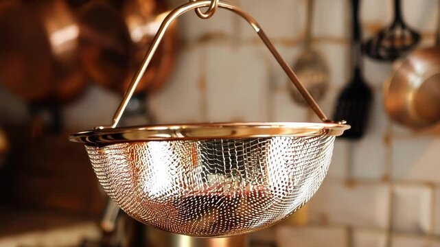 Stainless steel strainer with a copper finish is hanging in a modern kitchen, waiting to be used. The copper pots and utensils in the background add a touch of elegance to the scene