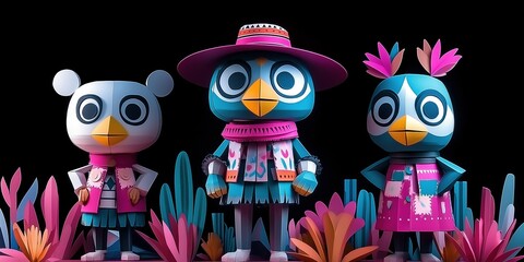 Naklejka premium Three cute bird-like characters in colorful outfits surrounded by plants and flowers on a black back