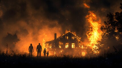 A family witnessing their house on fire from afar, vivid flames and dark smoke filling the night sky, silhouettes of people in despair, realistic, high-resolution, insurance imagery