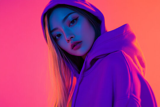 Fashionable Womans Neon Purple Hoodie with Solid Neon Coral Modern Lifestyle Portrait Against a Bold Neon Background
