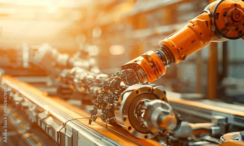 Aufkleber a robot arm assembling a complex piece of machinery, its movements precise and efficient. video