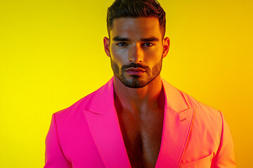 Obraz premium Fashionable Mens Bright Pak Blazer with Solid Neon Yellow Modern Portrait with a Bold Neon Fashion Background