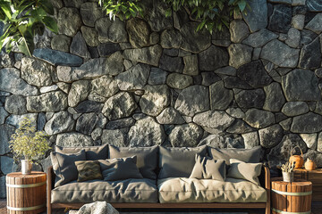 Cozy sofa on wild stone cladding wall background, rustic lounge area interior design.