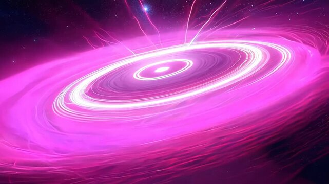 Magenta toroids float in aurora-like atmosphere. Plasma vortex reveals electromagnetic interactions. Radiant rings interconnected by ion trails against polar sky simulate complex space phenomena.	