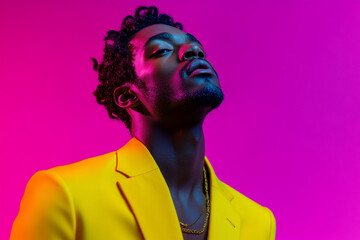 Contemporary Mens Bright Yellow Blazer with Solid Neon Purple Trendy Portrait Featuring a Chic Neon Fashion Background