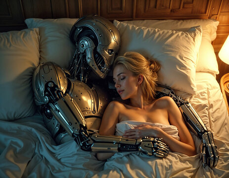 Robotic Companion and Human in Serene Bedroom Setting