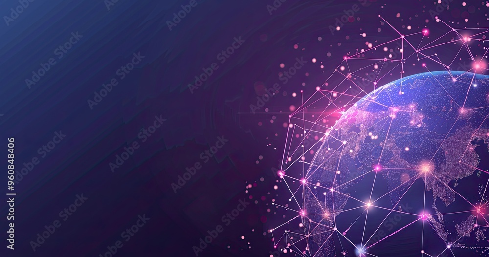 Poster a digital representation of earth connected by a network of glowing lines and nodes, symbolizing glo