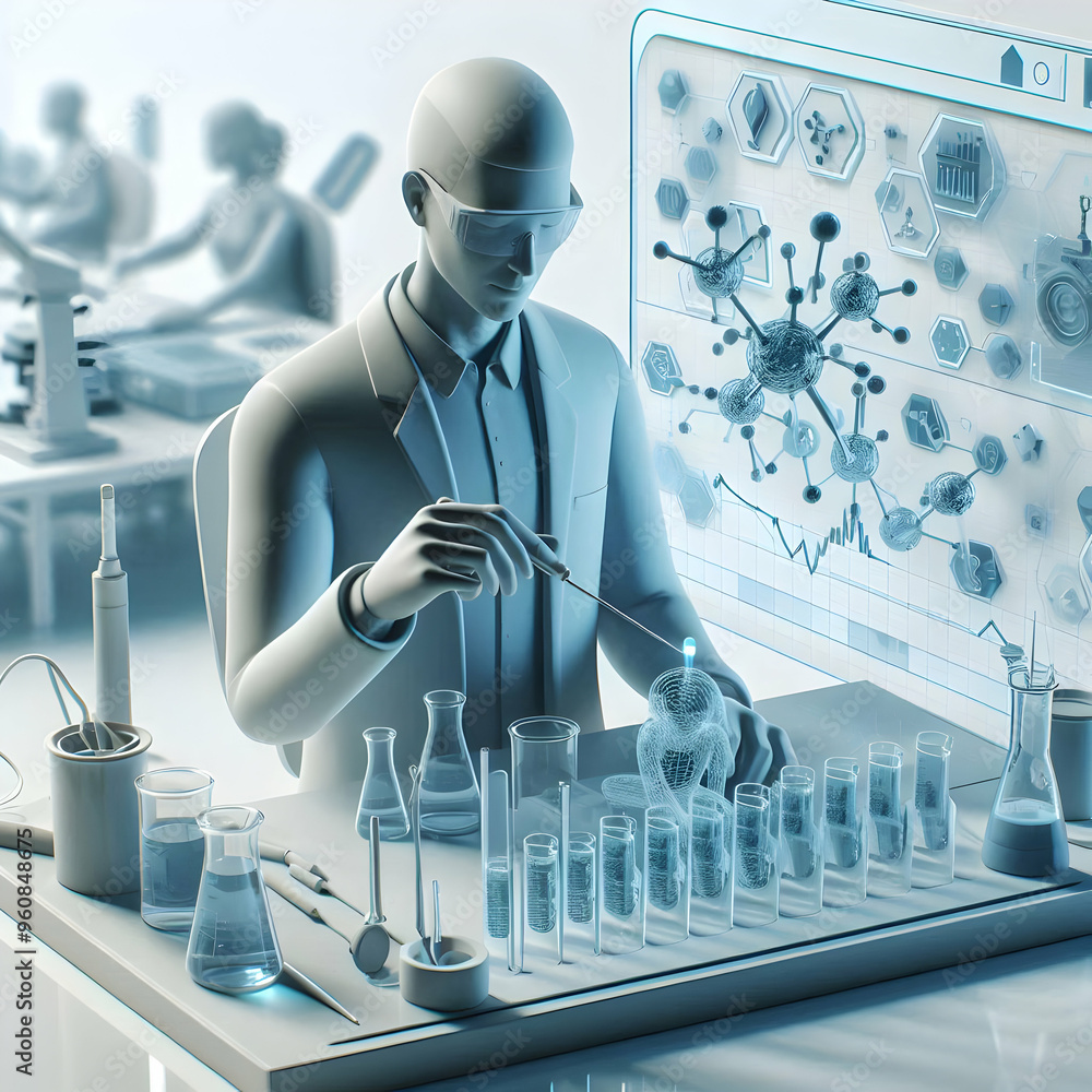 Poster bioengineer working with smart materials in cutting edge lab - 3d concept on white background