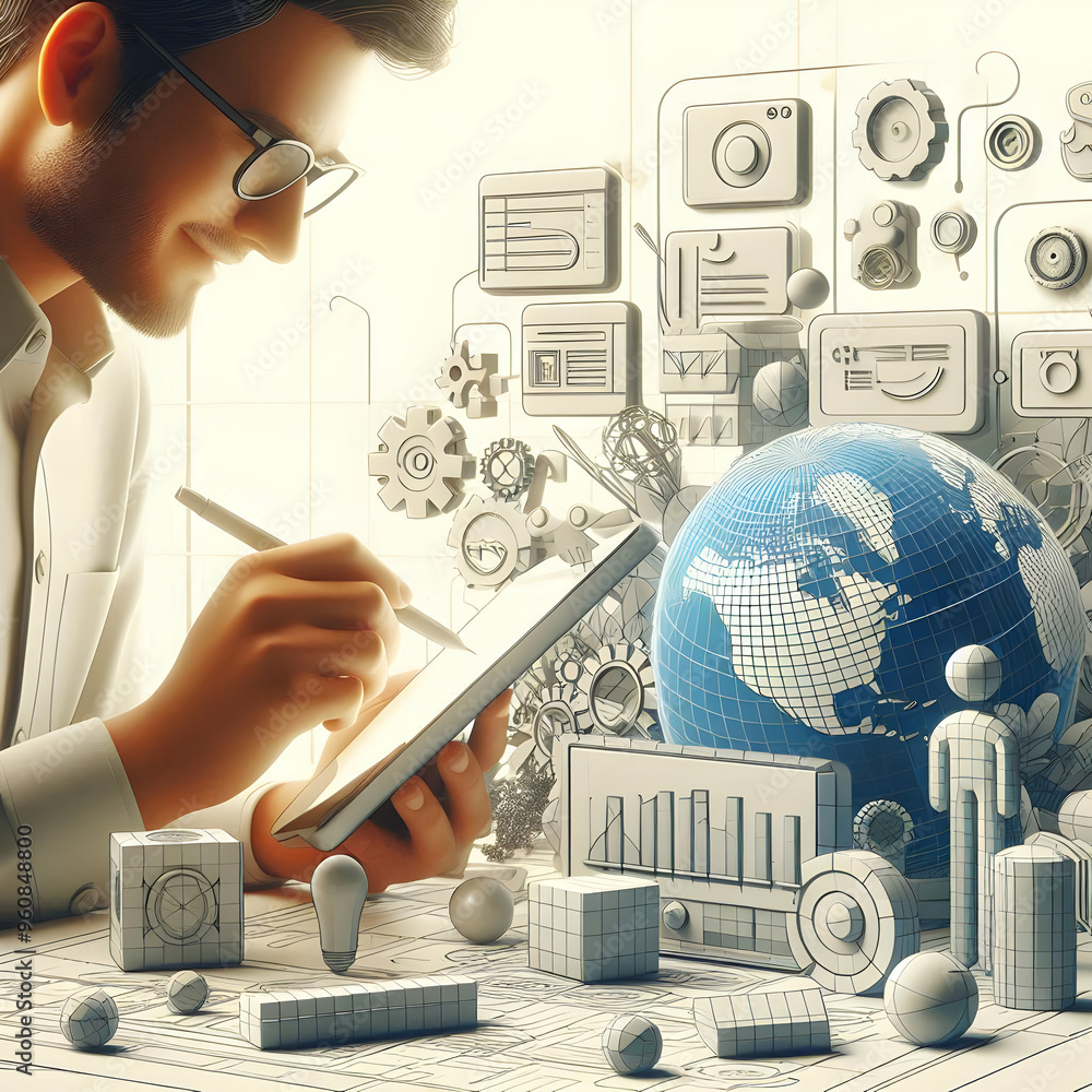 Poster 3d icon of a ux designer designing user-friendly interfaces on digital tablet in modern workspace