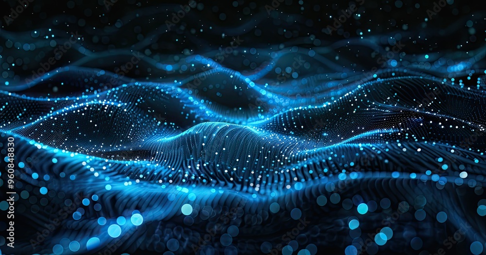 Poster a digital representation of flowing waves made of light particles, creating a mesmerizing visual eff