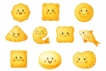 Cute biscuit characters vector illustrations set. Funny smiling cookies and crackers of different shapes, square, circle, fish, heart isolated on white background. Food, desserts, snacks concept