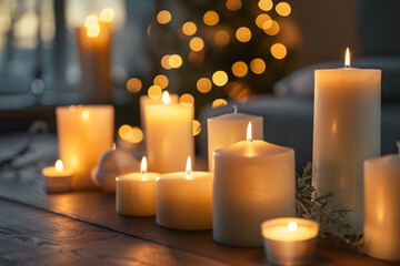 Lit candles casting warm light and creating a cozy and tranquil ambiance indoors