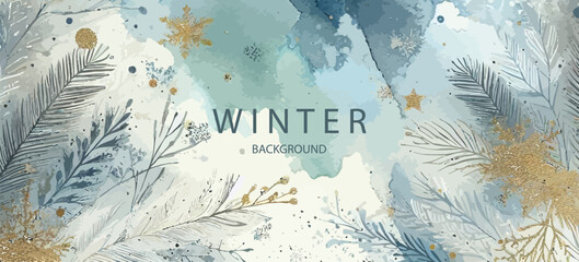 Abstract art winter minimalistic background with brush texture and flying snowflakes. Christmas background. Hand-painted natural art with glowing elements . Winter border with landscape