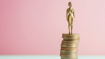 Female statue on stacked coins, pink background