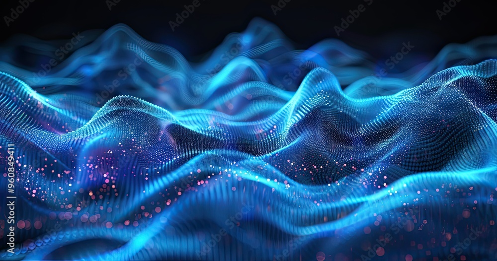 Aufkleber a digital visualization of flowing waves, illuminated by glowing particles, representing data or ene