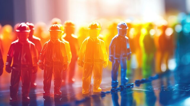Colorful miniature toy figures of workers aligned in rows, backlit
