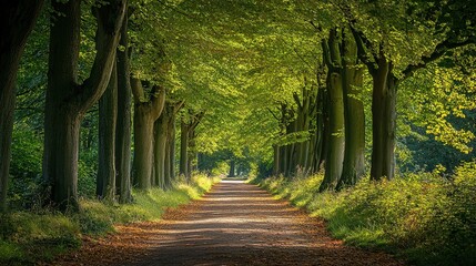 Obraz premium serene woodland path lined with trees, their leaves forming a canopy overhead, with light filtering through