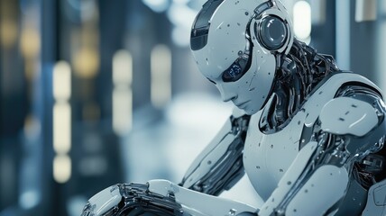 Fototapeta premium Futuristic humanoid robot deep in thought with metallic body modern interior setting
