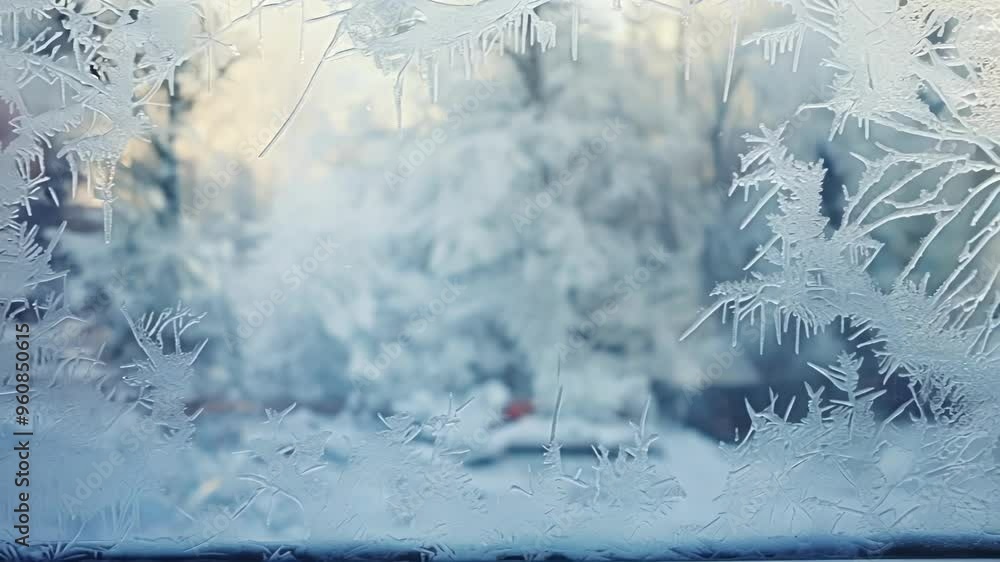 Poster beautiful frost is covering a window on a cold winter day, creating unique patterns. the view outsid