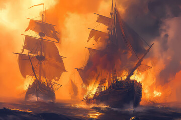 Obraz premium Fighting pirates ships, pirate battle, pirate concept photo.