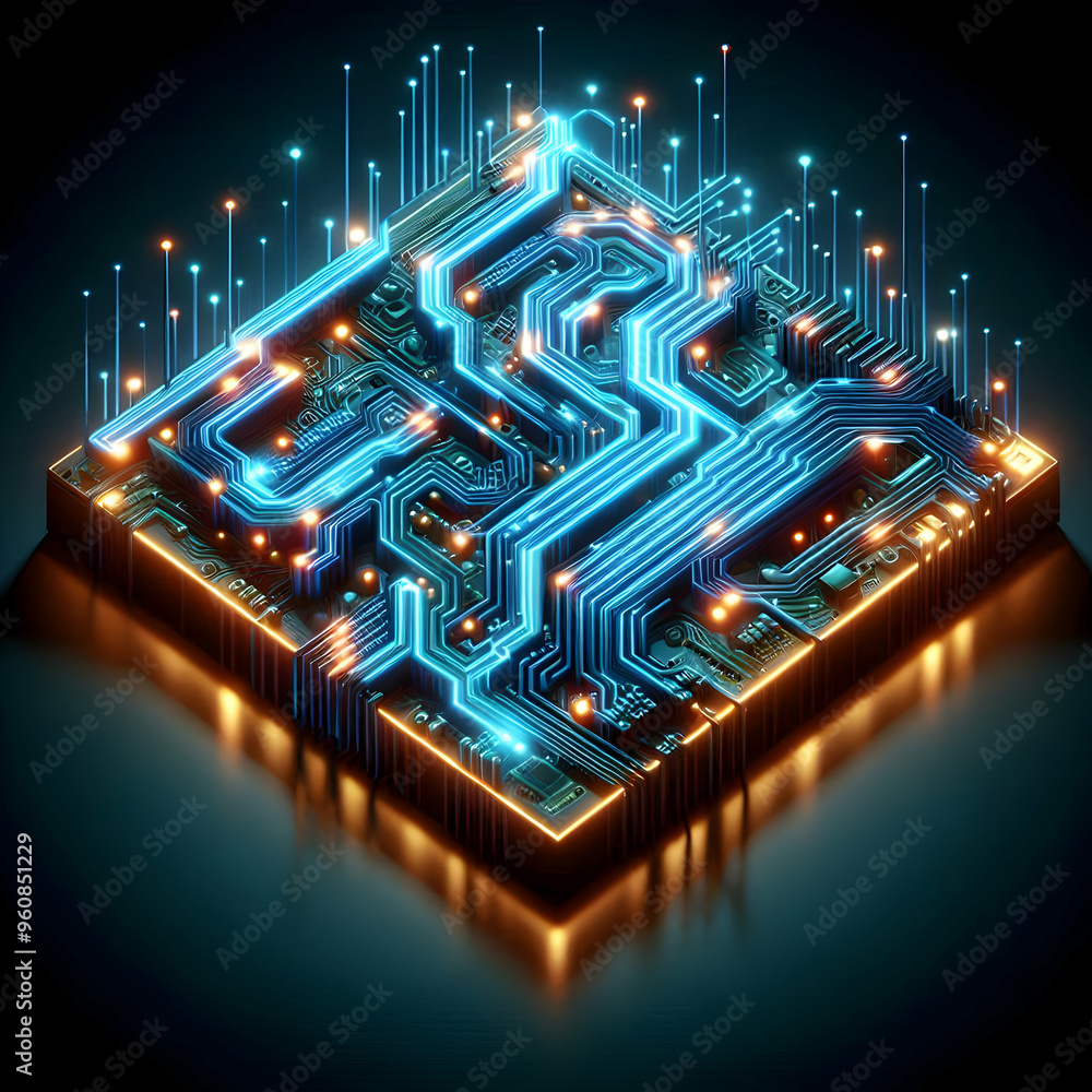 Poster neon circuit board technology concept - abstract 3d digital art of glowing pathways and data flow