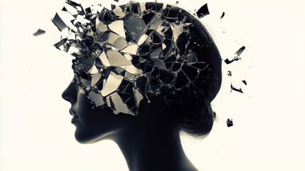 Double Exposure Silhouette of Head with Fragmented Glass, Depicting Mental Health Fragility