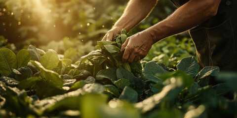 Fototapeta premium Gardener Harvesting Vegetables in Lush Garden
