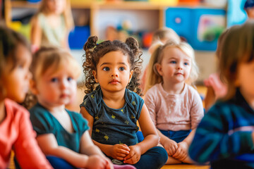 Group of small nursery school children sitting and listening to teacher on floor indoors in classroom.