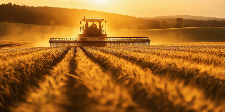 Fototapeta Farmer Harvesting Wheat at Sunset