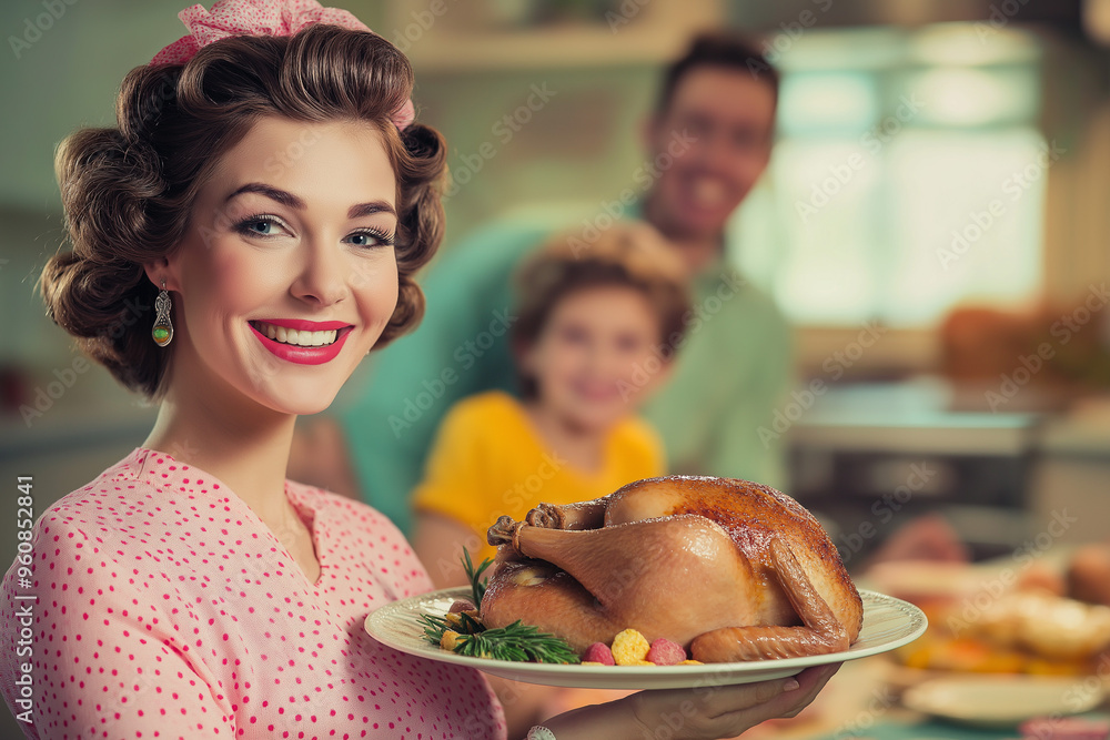 Wall mural vintage picture of smiling pin up retro woman housewife holding juicy roasted turkey for thanksgiving on background of family and table with food, generative AI