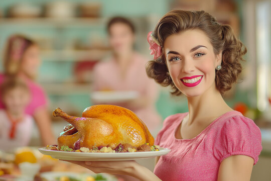 vintage picture of smiling pin up retro woman housewife holding juicy roasted turkey for thanksgiving on background of family and table with food, generative AI