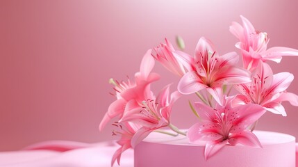 Fototapeta premium Podium adorned with pink lilies on a pink backdrop for showcasing cosmetics, designs, and products. Perfect for Valentine's Day, Mother's Day, Women's Day, and holidays.