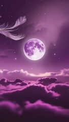 Obraz premium A dreamy purple sky with a full moon and a single feather, phone background wallpaper, ai generated