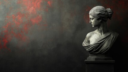 Obraz premium Ancient female marble bust, dark artistic background accentuated with red hues