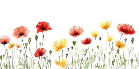Fototapeta premium Watercolor painting of red and yellow poppies blooming in a field with a white background