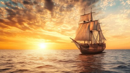 Obraz premium Majestic sailing ship on ocean at sunset with dramatic sky