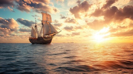 Obraz premium Majestic wooden ship sails at sunset on open ocean