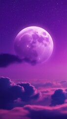 A pink moon glows against a purple sky, surrounded by fluffy clouds, phone background wallpaper, ai generated