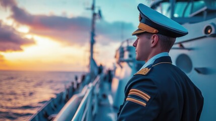 Obraz premium Male naval officer overlooks ocean aboard ship at sunset